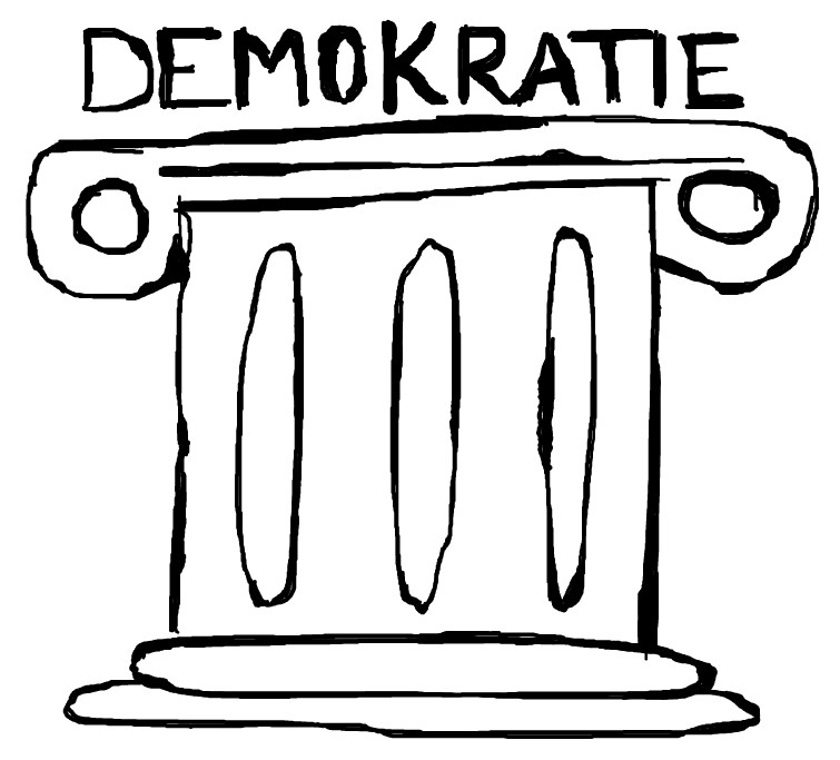 Die Skizze einer griechischen Säule überschrieben mit dem Wort 'Demokratie'