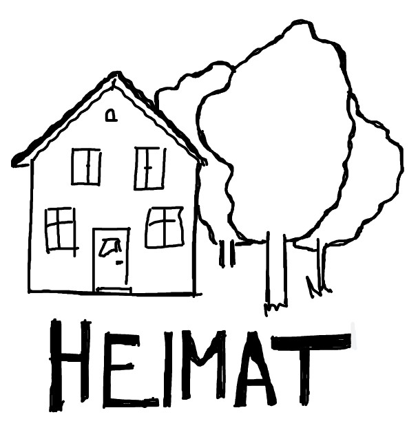 Die Zeichnung eines Hauses mit drei Bäumen unterschrieben mit dem Wort 'Heimat'