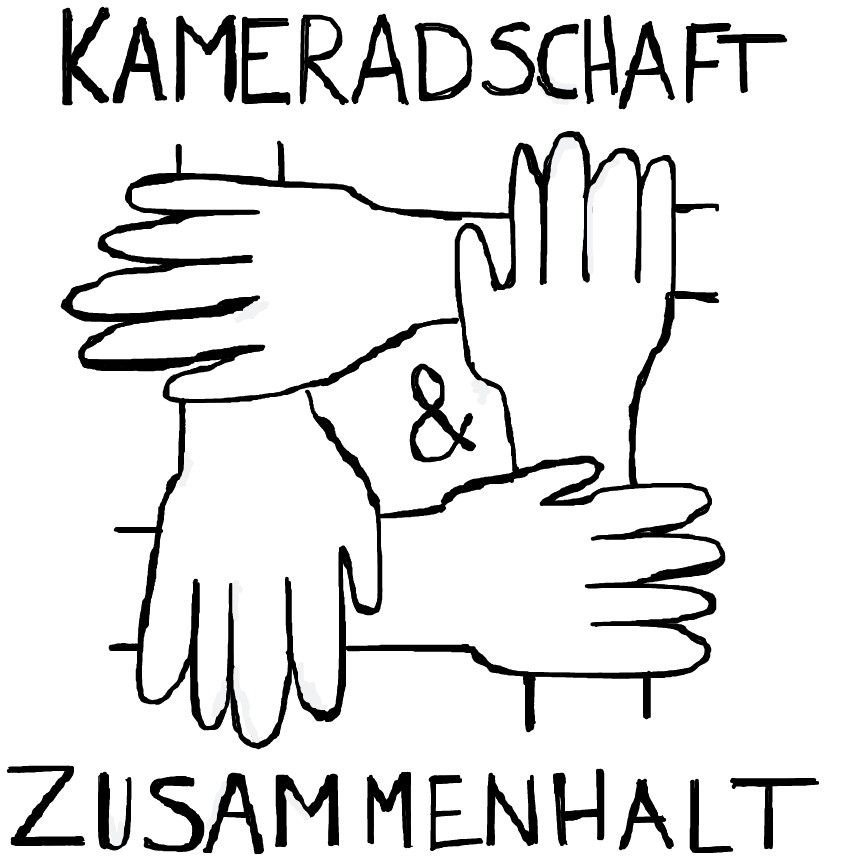 Die Skizze von vier Händen, die sich gegenseitig am Handgelenk halten und so ein Quadrat bilden, dazu die Worte 'Kameradschaft & Zusammenhalt'