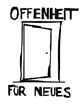 Die Skizze einer Tür, die ein Stück geöffnet ist mit der Beschriftung 'Offenheit für Neues'