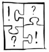 Vier gemalte Puzzleteile, die ineinander greifen, immer auf zwei gegenüberliegenden Teilen ist das gleiche Symbol, ein Fragezeichen oder ein Ausrufezeichen