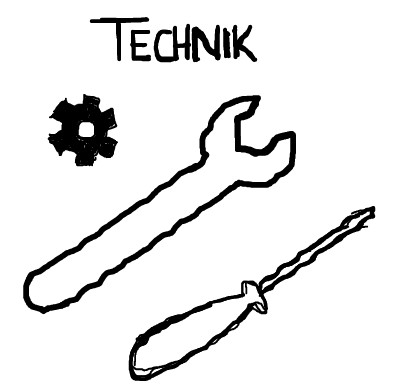 Die Skizze eines Zahnrads, eines Maulschlüssels und eines Schraubenziehers überschrieben mit dem Wort 'Technik'