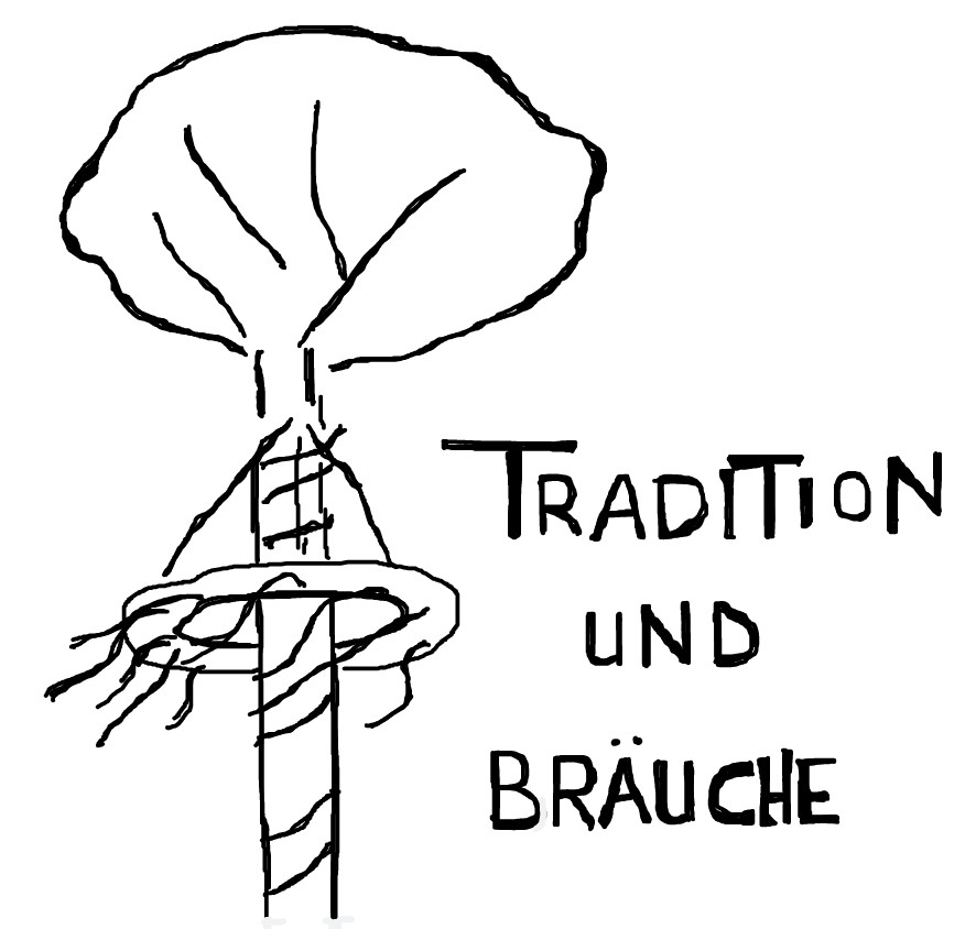 Skizze eines Maibaums mit einem Maikranz mit Bändern, die im Wind wehen, daneben die Worte 'Tradition und Bräuche'